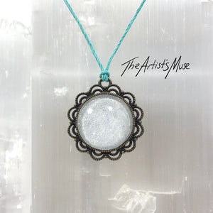 Pendant Necklace- white glitter resin with glass dome finish.