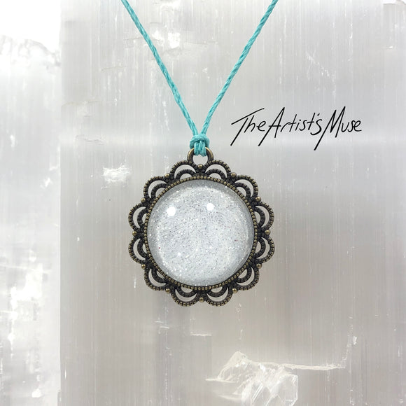 Pendant Necklace- white glitter resin with glass dome finish.