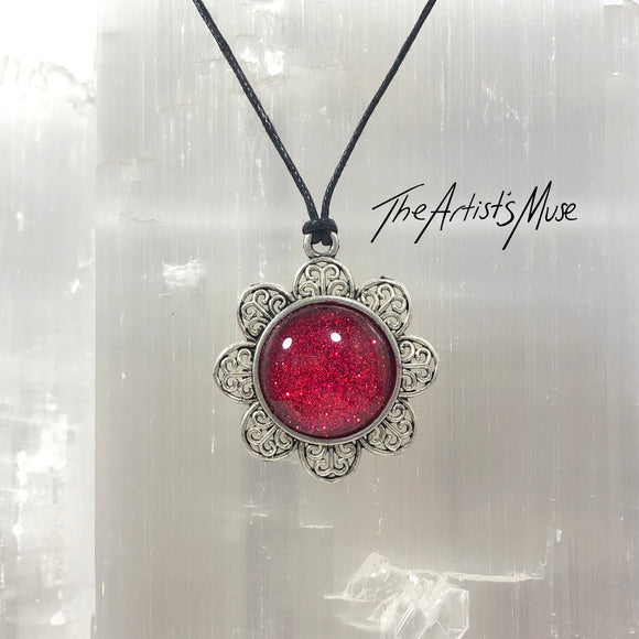 Pendant Necklace- Red glitter resin with glass dome finish