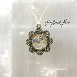Pendant Necklace- Gold and holographic silver stars glitter resin with glass dome finish