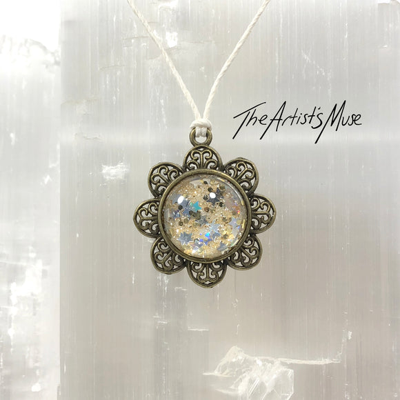 Pendant Necklace- Gold and holographic silver stars glitter resin with glass dome finish