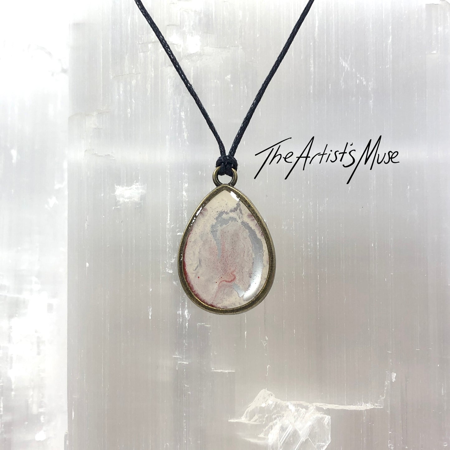 Resin Pendant Necklace- Warm white, pink and silver resin teardrop design
