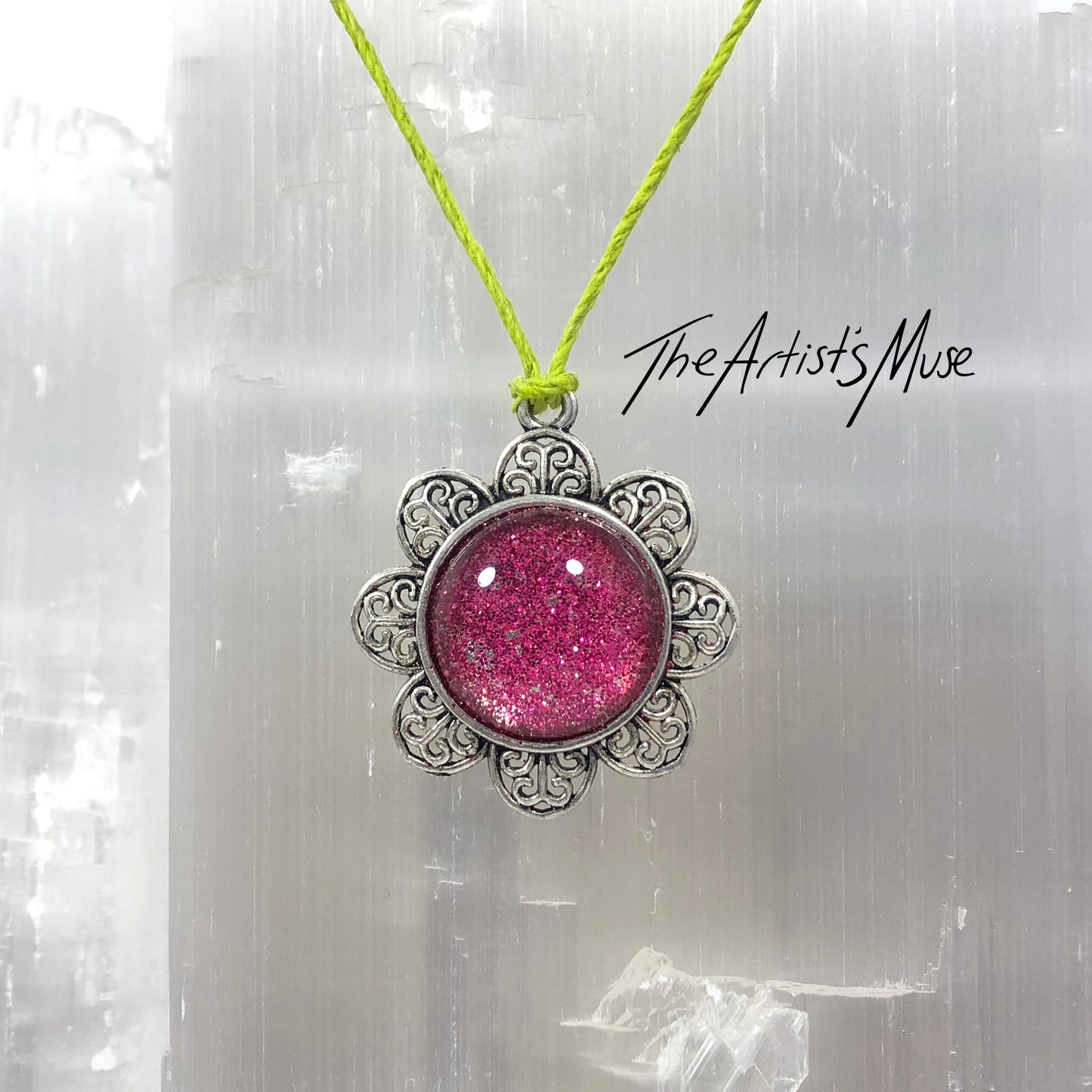 Pendant Necklace- Pink glitter resin with glass dome finish