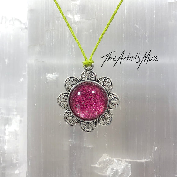 Pendant Necklace- Pink glitter resin with glass dome finish