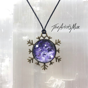 Snowflake Pendant Necklace- Purple and white design with glass dome finish
