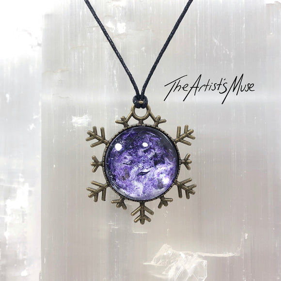 Snowflake Pendant Necklace- Purple and white design with glass dome finish