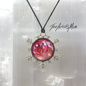 Snowflake Pendant Necklace- Gorgeous red and gold custom design with glass dome finish