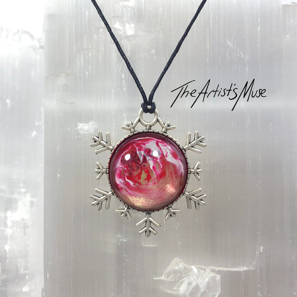 Snowflake Pendant Necklace- Gorgeous red and gold custom design with glass dome finish