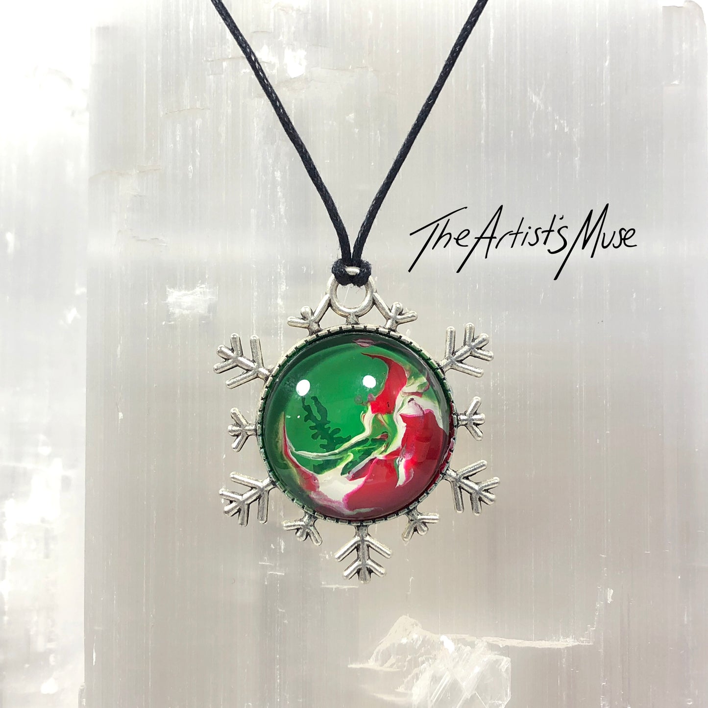 SOLD Snowflake Pendant Necklace- hand designed red and green with glass dome finish