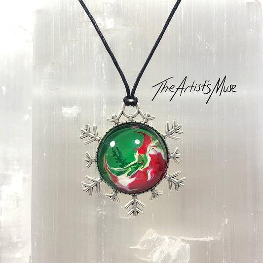 SOLD Snowflake Pendant Necklace- hand designed red and green with glass dome finish