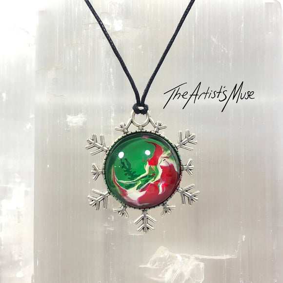 SOLD Snowflake Pendant Necklace- hand designed red and green with glass dome finish