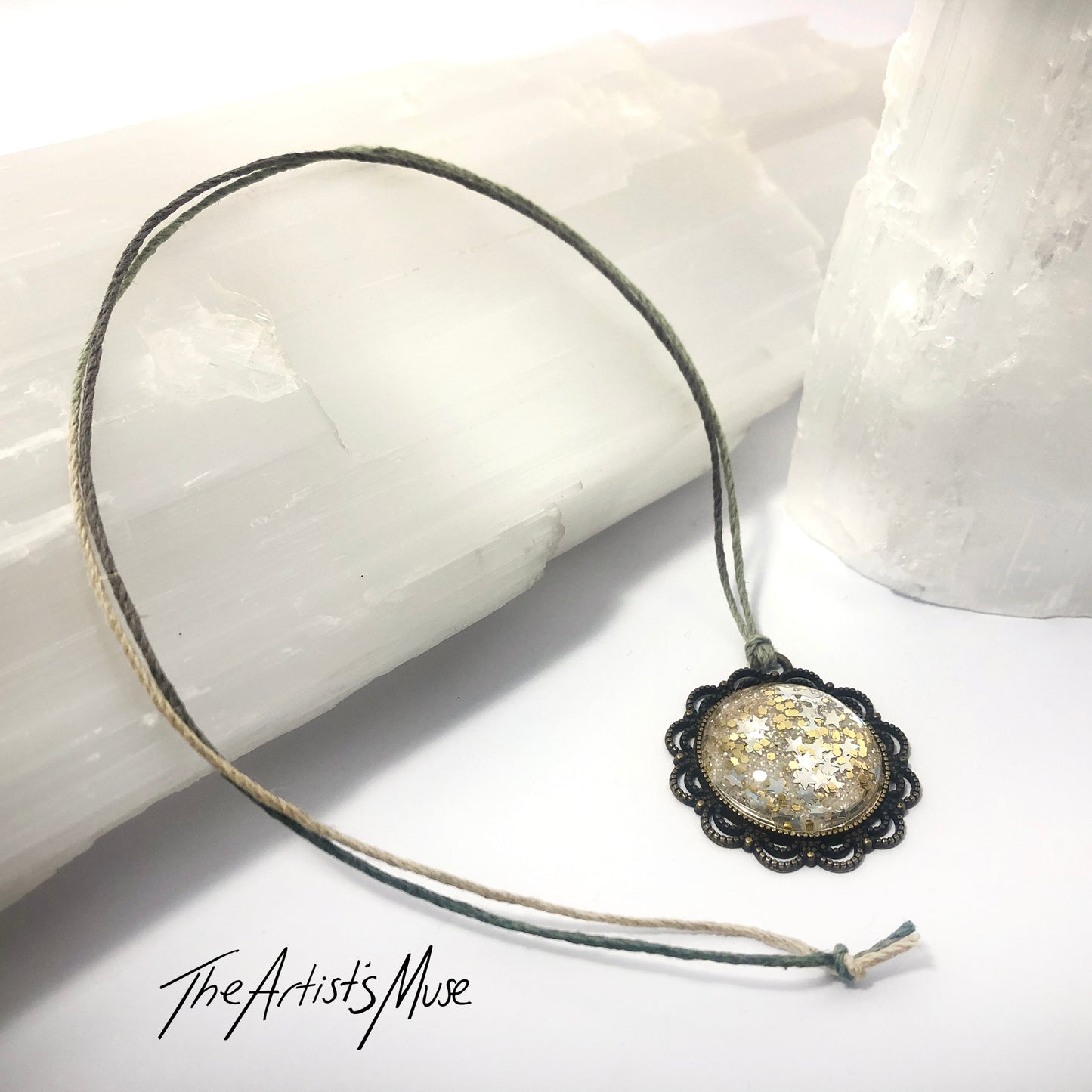 Pendant Necklace- gold and silver glitter with holographic stars