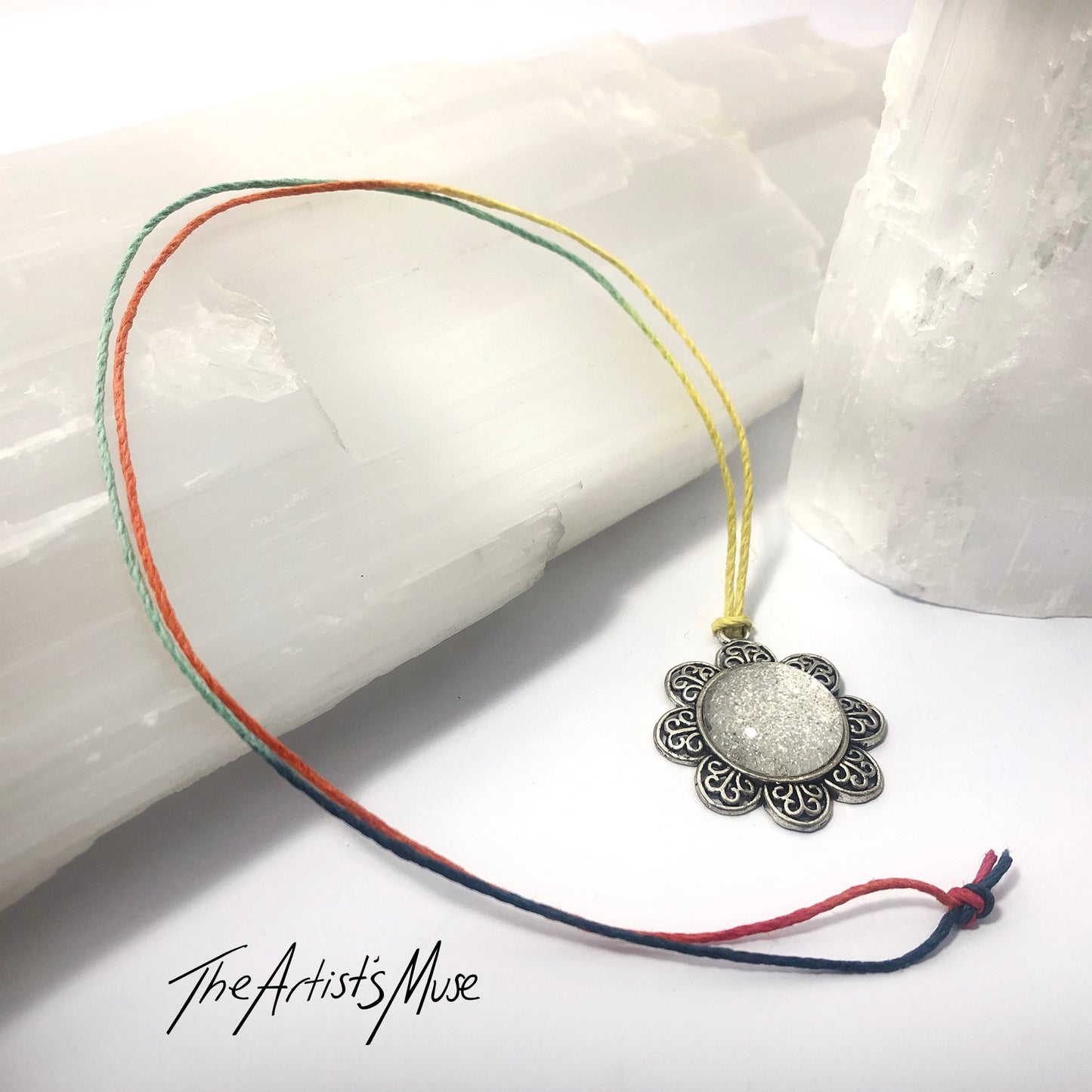 Pendant Necklace- silver glitter resin with glass dome finish