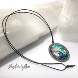 Pendant Necklace- Turquoise, purple and white design with glass dome finish