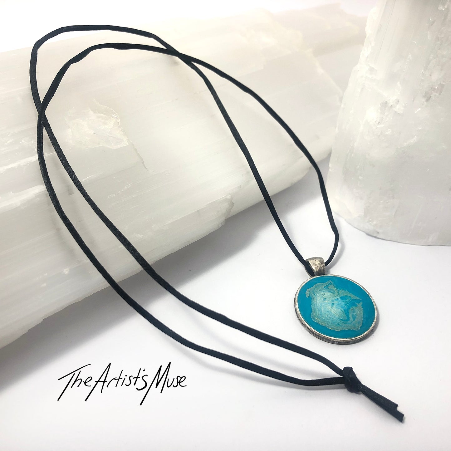 Resin Pendant Necklace- Aqua and pale gold resin design