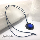 Pendant Necklace- Deep blue glitter resin with glass dome finish
