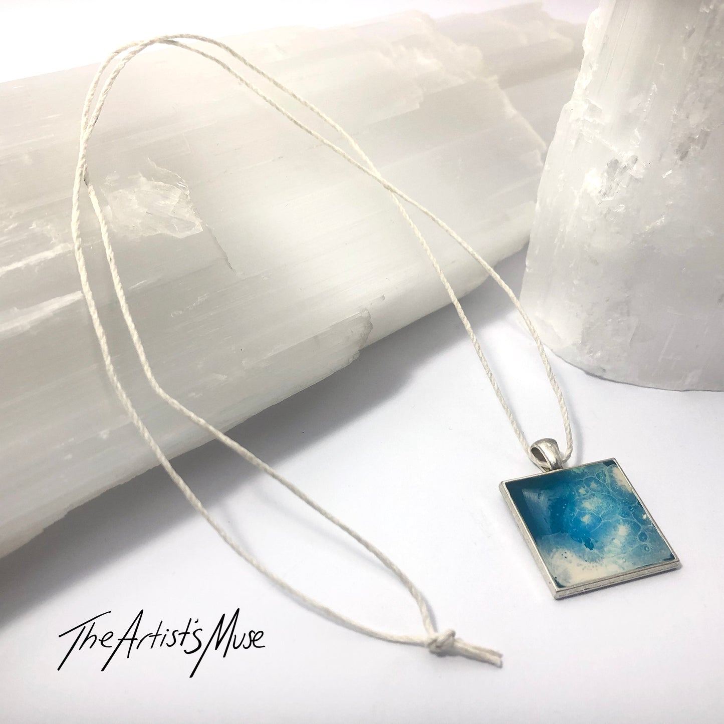 Resin Pendant Necklace- blue/green and white resin design