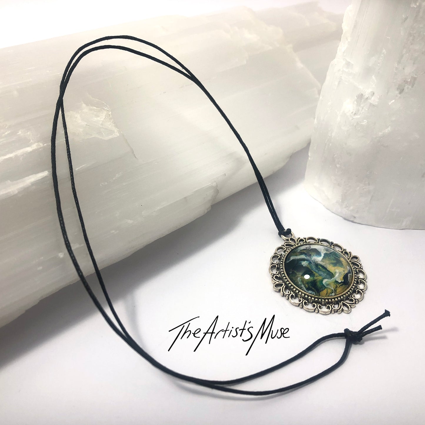 Resin Pendant Necklace- Navy blue, gold and white design with glass dome finish
