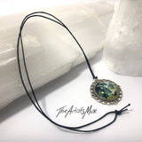 Resin Pendant Necklace- Navy blue, gold and white design with glass dome finish