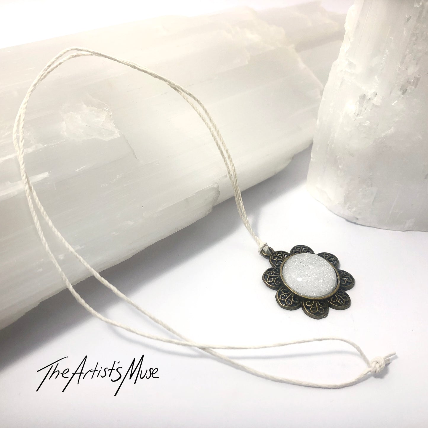 Pendant Necklace- White glitter resin with glass dome finish