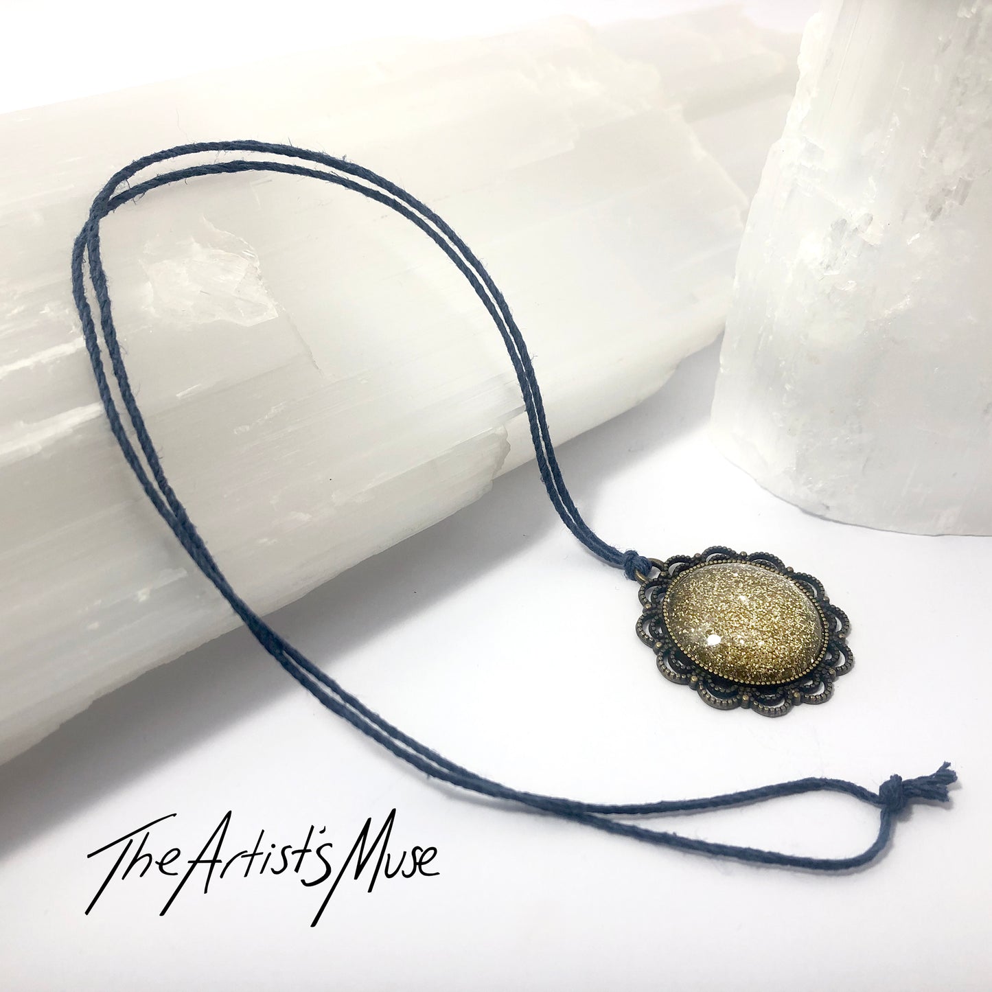 Pendant Necklace- Champagne gold glitter resin with glass dome finish