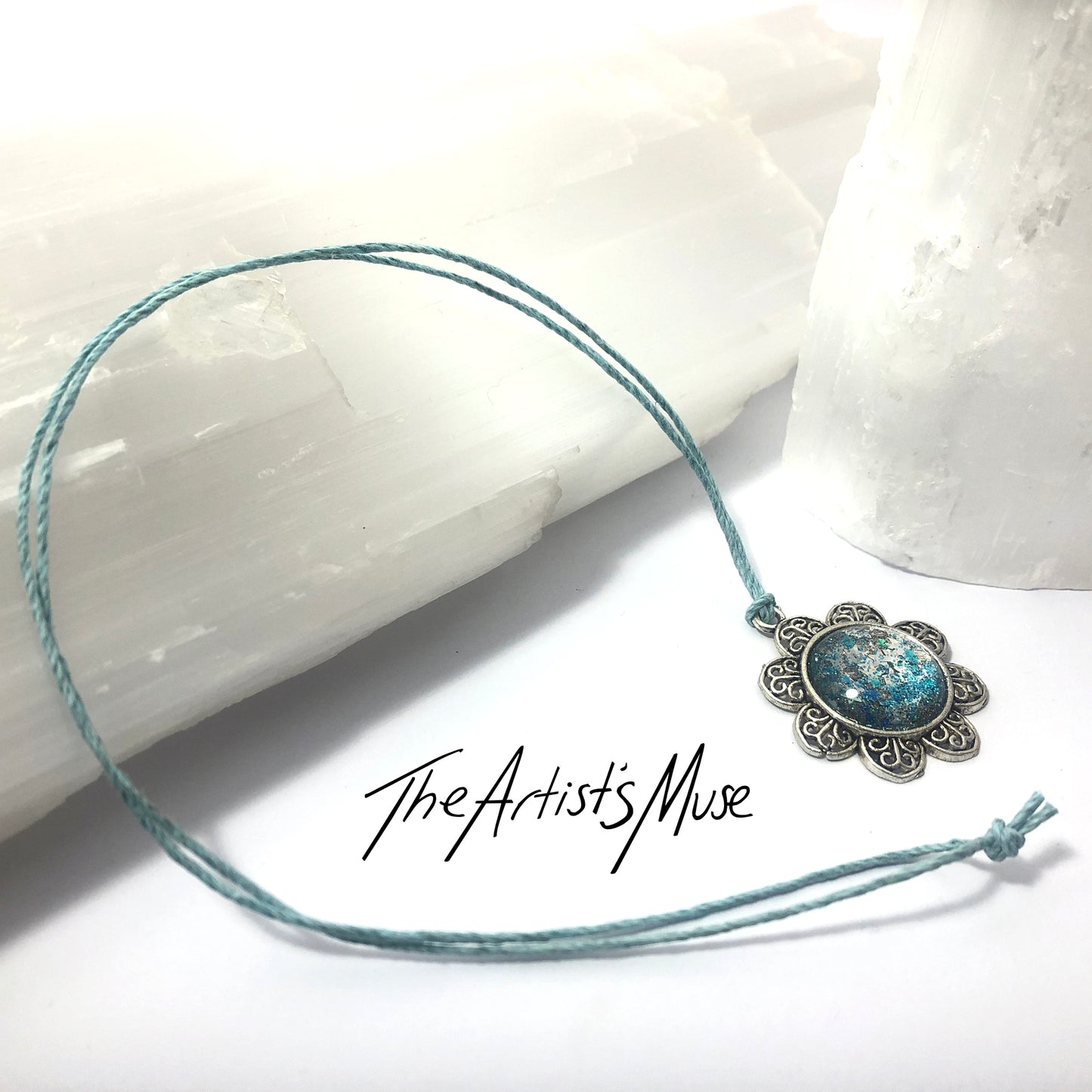 Pendant Necklace- blue and silver glitter and holographic stars resin with glass dome finish