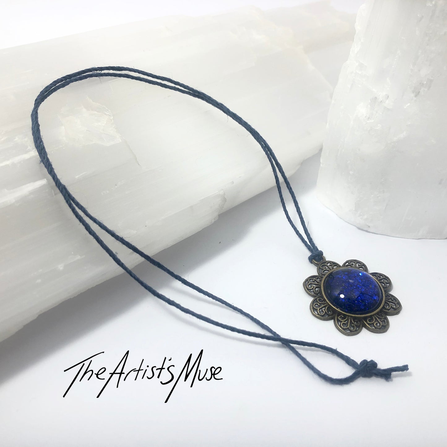 Pendant Necklace- royal blue glitter resin with glass dome finish