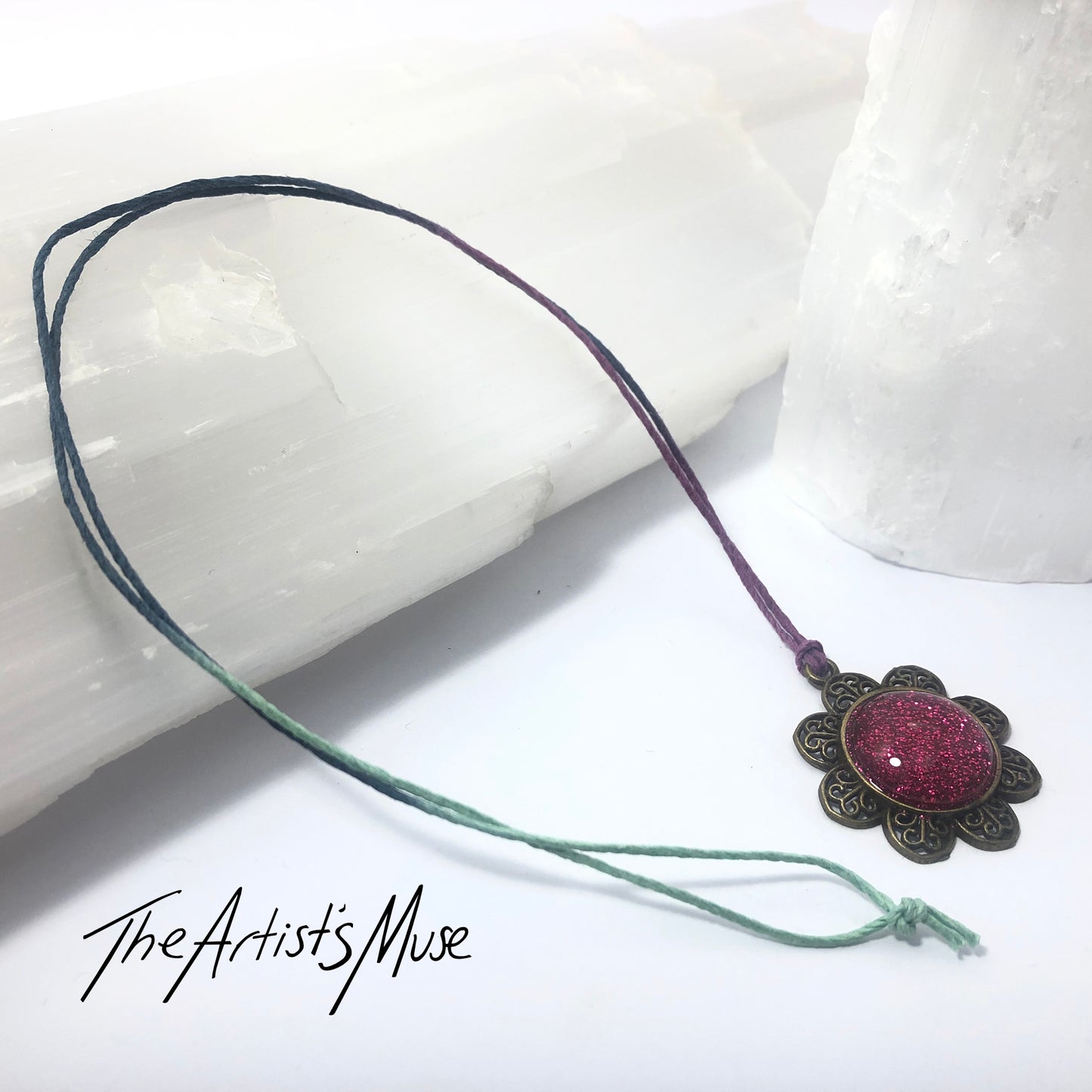Pendant Necklace- Pink glitter resin with glass dome finish