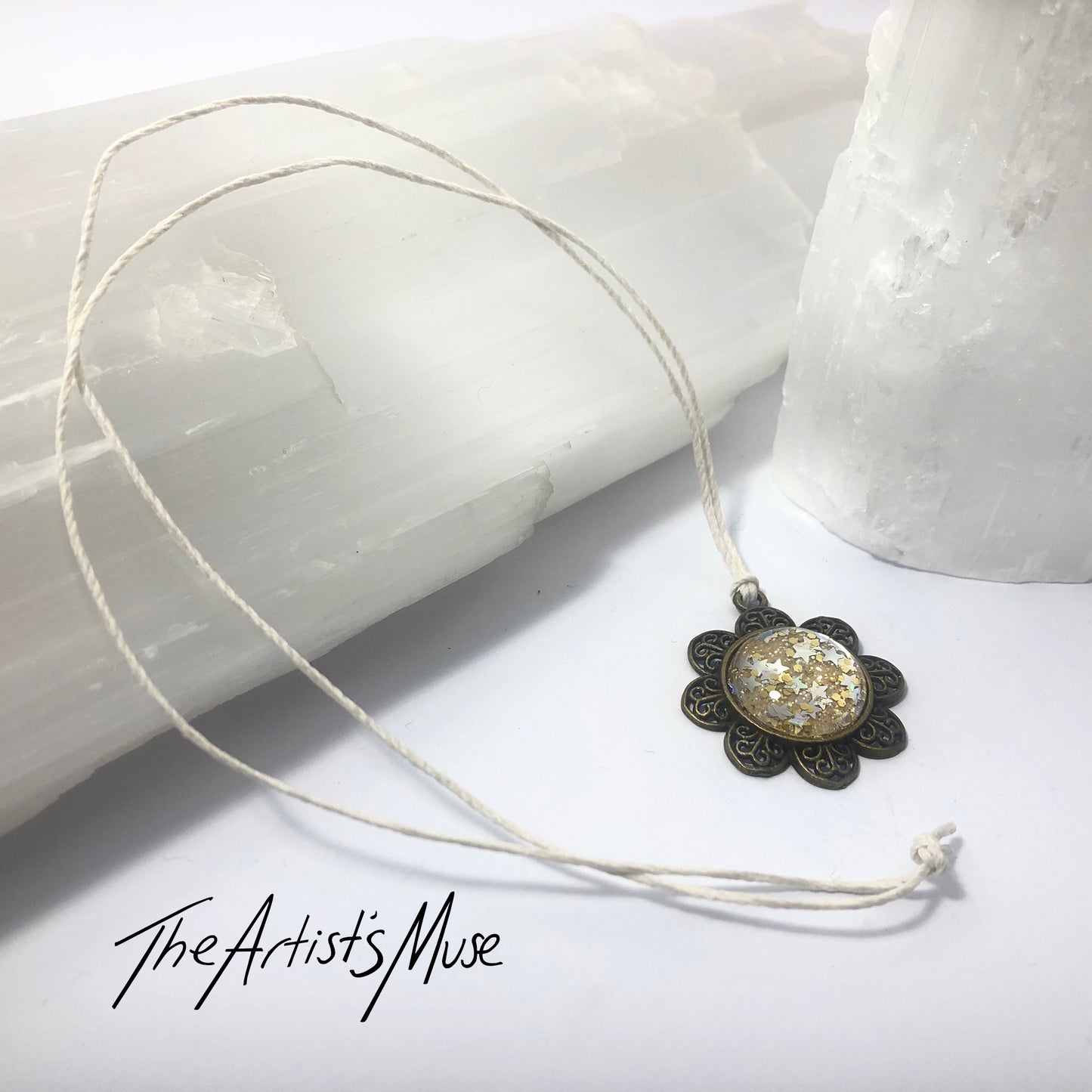 Pendant Necklace- Gold and holographic silver stars glitter resin with glass dome finish