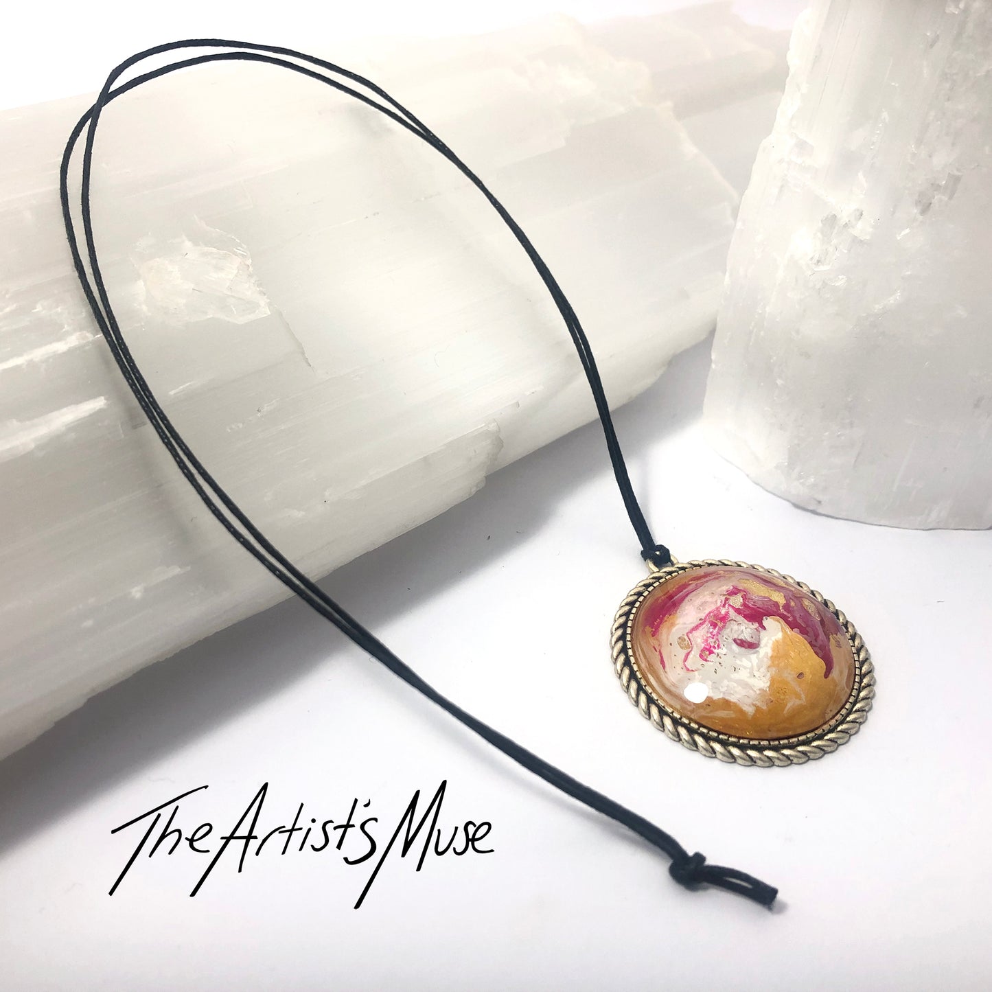 Pendant Necklace- gold white and pink design with glass dome finish