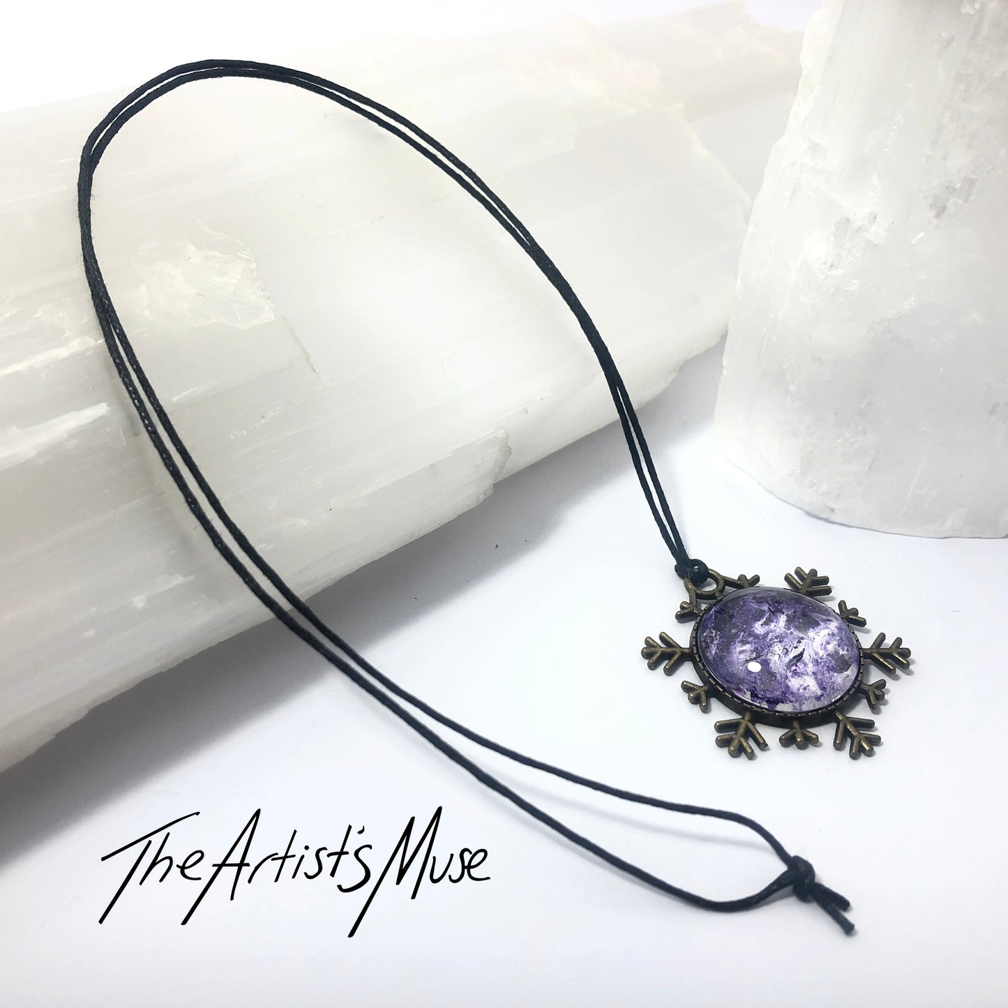 Snowflake Pendant Necklace- Purple and white design with glass dome finish