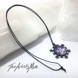 Snowflake Pendant Necklace- Purple and white design with glass dome finish