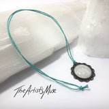 Pendant Necklace- white glitter resin with glass dome finish.