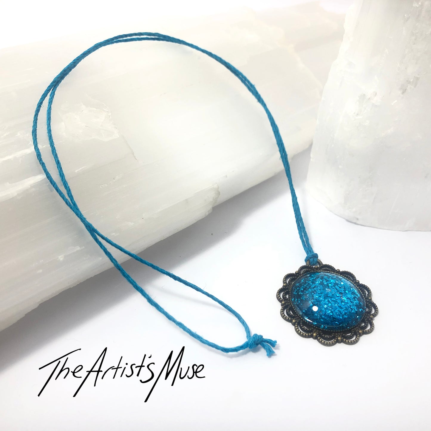 Pendant Necklace- Bright turquoise glitter resin with glass dome finish
