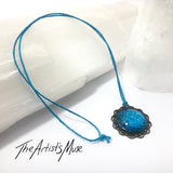 Pendant Necklace- Bright turquoise glitter resin with glass dome finish