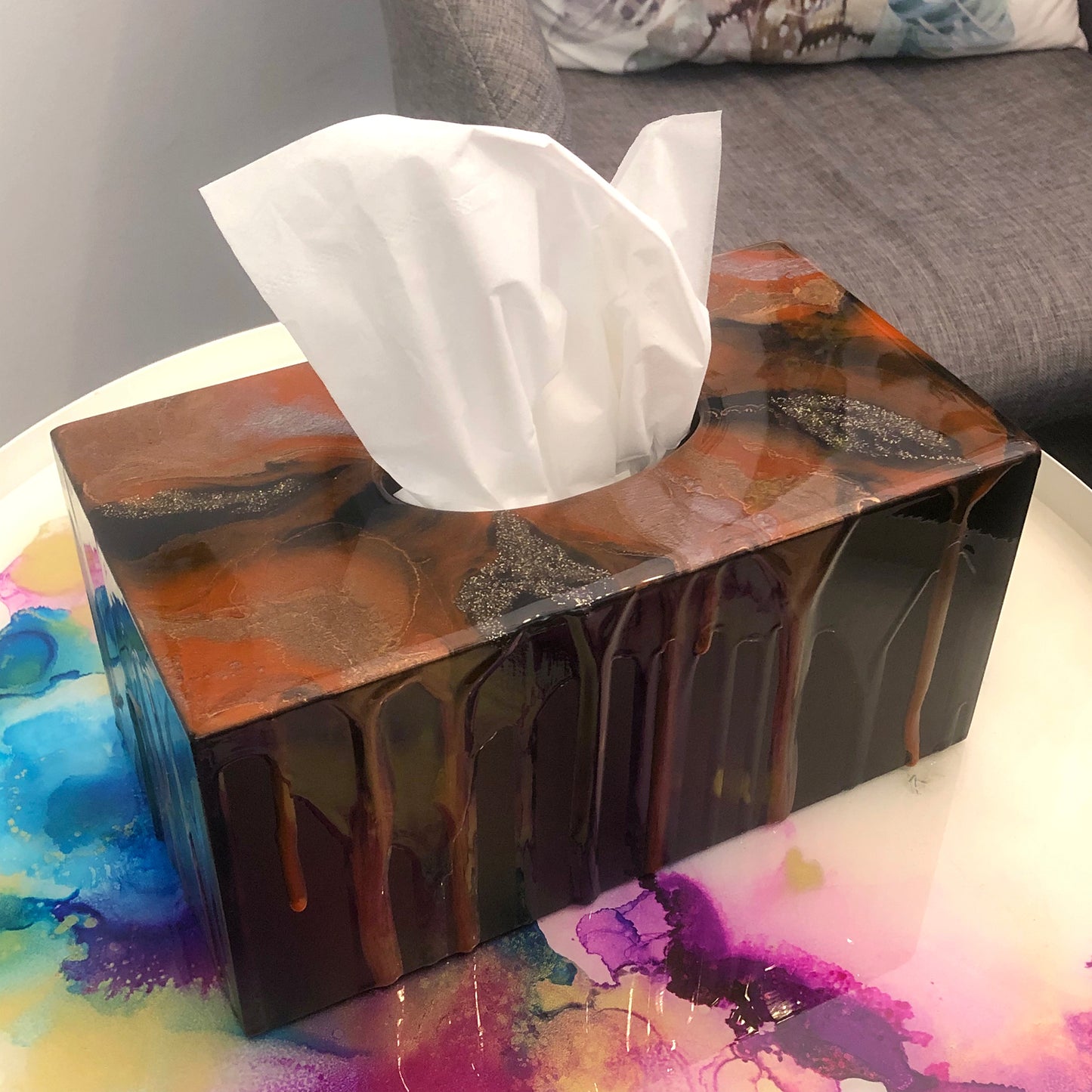 Tissue Box Cover- Orange/Black/Gold- SOLD