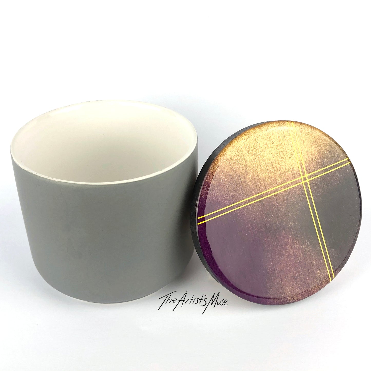 Small Jar- Grey Jar with charcoal, gold and plum lid