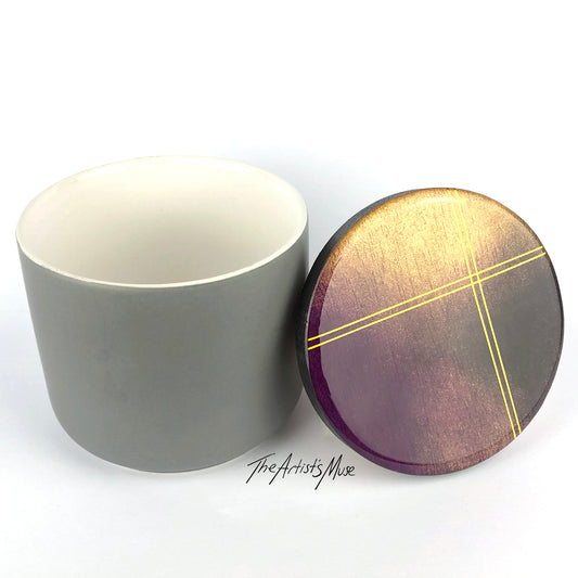Small Jar- Grey Jar with charcoal, gold and plum lid