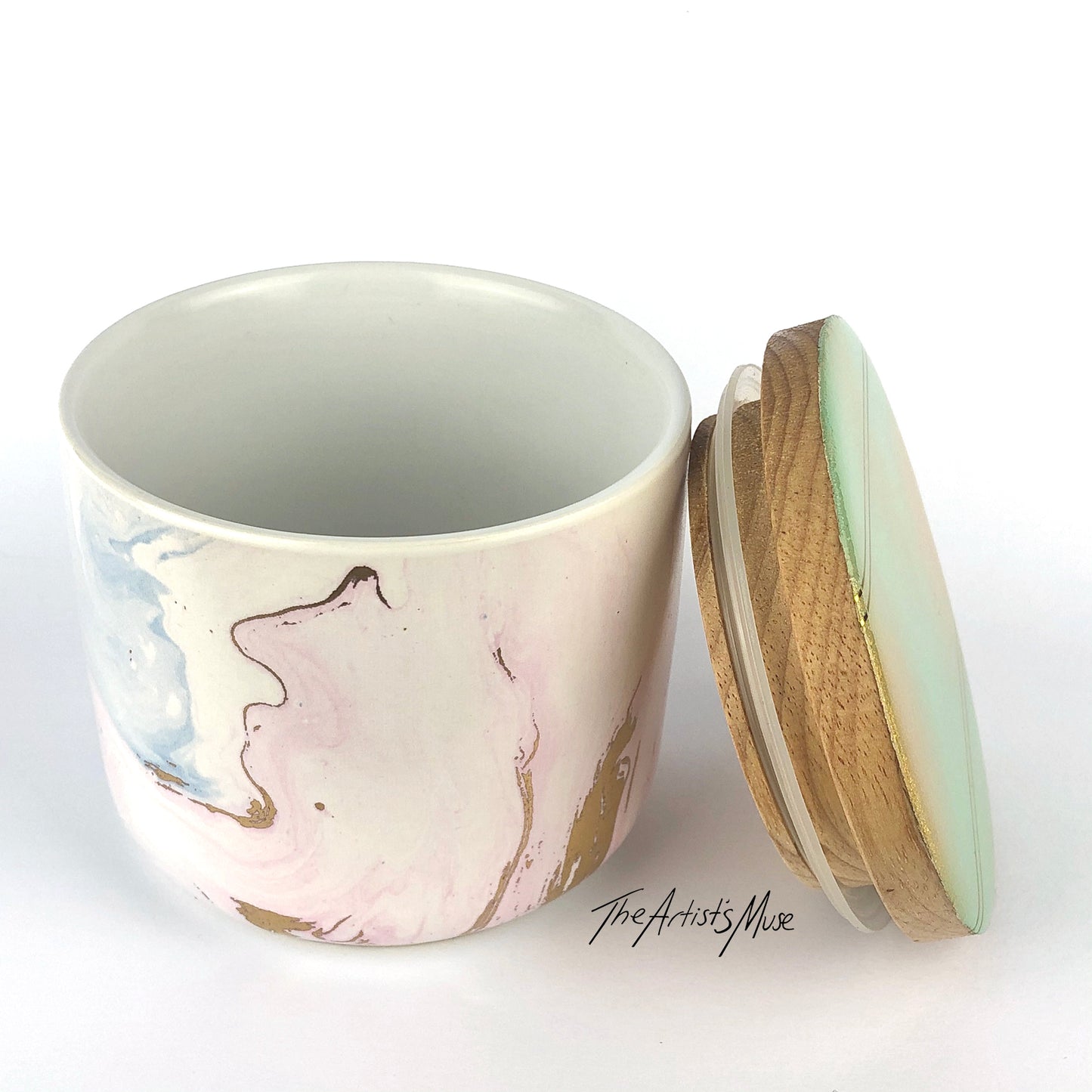 SOLD Small Jar- Pastel jar with Sage green/Gold lid